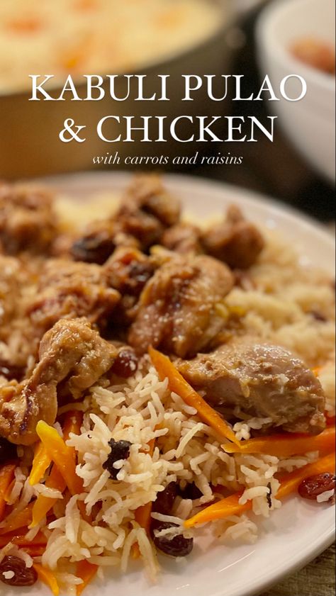 Kabuli Puloa with chicken is a simple and delicious meal of rice topped with sautéed carrots and sweet raisins to balance the delicious savory chicken is it topped with-a perfect meal that’s great for a quick weeknight dinner but special enough for weekends and parties! Afgan Chicken Recipes, Afghan Rice With Raisins, Raisin Recipes Savory, Chicken Kabuli Pulao Recipes, Afghanistan Rice Recipes, Iranian Chicken Recipes, Special Rice Recipe, Afghan Chicken Recipes, Kabuli Pulao Recipes