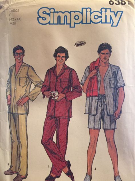 Men's Pajamas Sewing Pattern Simplicity 6381 size large 42-44 ©1984; Men's Pajamas: The pajama top with front button closing, has long set-in sleev Pajamas Sewing Pattern, Pajamas Sewing, Pajamas Pattern, 1980s Men, Sewing Pattern Vintage, Men's Pajamas, Pajama Pattern, Weird Fashion, 1980s Fashion