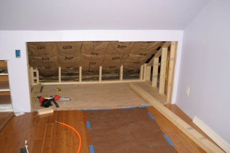 bed-framed-during-500 Sloped Bedroom, Kneewall Storage, Cape Cod Bedroom, Bonus Room Bedroom, Attic Conversions, Knee Walls, Attic Bed, Family Library, Eaves Storage