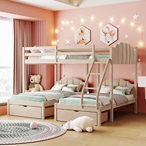 (paid link) Harper & Bright Designs Velvet Triple Bunk Bed for 3, Solid Wood Full Over Twin & Twin Bunk Bed with Drawers and Guardrails, for Kids Teens Adults (Beige) Ikea Triple Bunk Beds, 3 Beds In 1 Room Teenager, 3 Beds One Room Kids Custom, Butterfly Bunk Bed, Wooden Triple Bunk Bed, Pastel Bunk Bed, Beds For 3, Ikea Triple Bunk Bed, Triple Bunk Beds For Teens