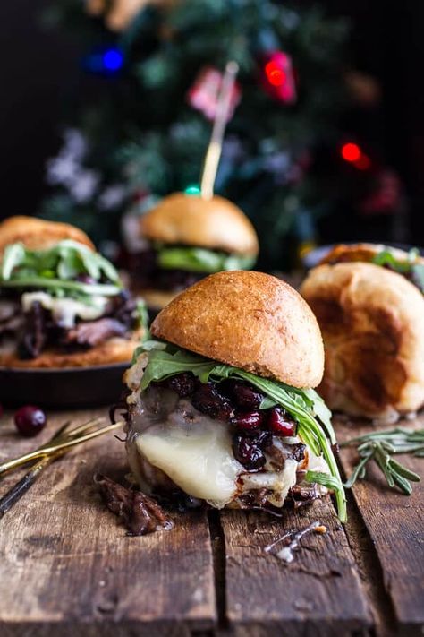 Bone In Short Rib Sliders in Soy, Worcestershire, Balsamic, Red Wine, Garlic, and Ginger Sauce on Toasted Buns with Melted Brie; Balsamic, Brown Sugar, Rosemary, and Ginger Fresh Cranberry Sauce; and Arugula [Optional Crockpot Version] Steak And Brie, Brie Sliders, Burger Bar, Half Baked, Half Baked Harvest, Think Food, Eat Smarter, Cranberry Sauce, Wrap Sandwiches