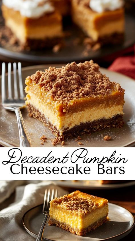 Indulge in Rich Pumpkin Cheesecake Bars, featuring layers of spiced pumpkin and smooth cheesecake on a graham cracker crust. Perfect for fall recipes, these bars are an easy, festive treat to serve at gatherings, capturing the warm flavors of the season in each bite. Pumpkin Cheesecake Bites Recipes, Pumpkin Cheesecake Bites, Smooth Cheesecake, Pecan Cheesecake Bars, Cheesecake Bites Recipe, Pumpkin Cheesecake Bars, Pecan Cheesecake, Spiced Cider, Cracker Crust