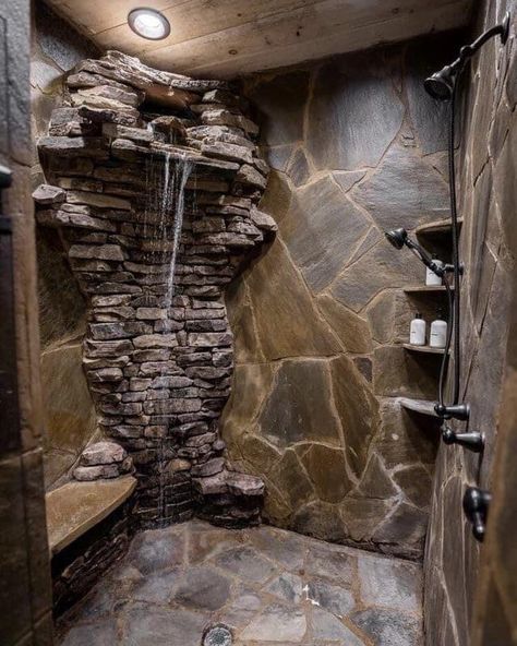 River Rock Shower, Rock Shower, House Bathroom Designs, Rustic Home Design, Rustic Bathrooms, Dream Bathrooms, Studio Apartment Decorating, Hallway Ideas Entrance Narrow, Dream House Interior