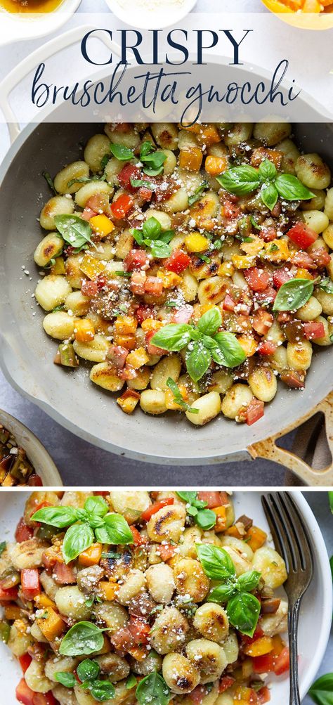 Pan Fried Gnocchi, Gnocchi Recipes Easy, Gnocchi Recipes Homemade, Bruschetta Toppings, Tomato Bruschetta, Sauteed Zucchini, Gnocchi Recipes, Fresh Mozzarella, Crispy Bacon