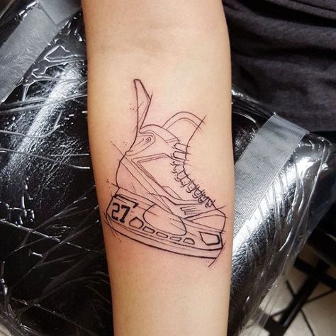 Black Ink Sketched Hockey Ice Skates Tattoo On Man Softball Tattoos, Hockey Tattoos, Hockey Drawing, Hockey Tattoo, Skate Tattoo, Trash Polka Tattoos, Hockey Hair, Men's Tattoo, Wörter Tattoos