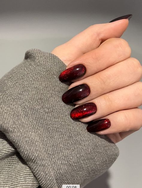 Red And Black Cat Eye Nails, Black And Red Cat Eye Nails, May Acrylic Nails, Dark Red Cat Eye Nails, Cute May Nails, Red Cateye Nails, Nails For May, Red Velvet Nails, Red Cat Eye Nails