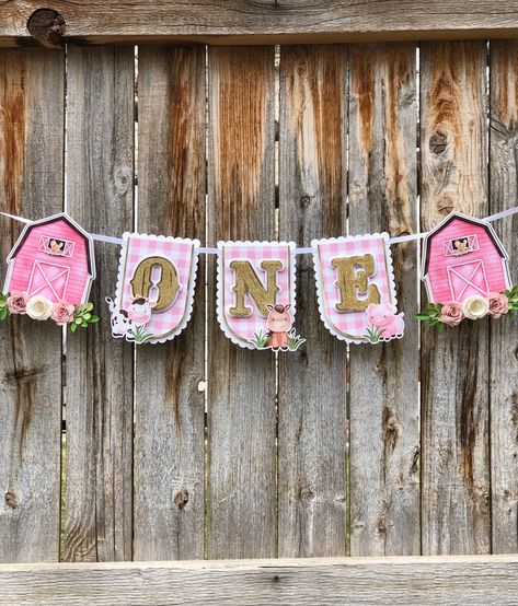 "Celebrate your little one's birthday with our adorable 5 piece pink barnyard themed high chair. DETAILS: >> High Chair banner:     - 5 piece banner    - Each banner card measures approximately 5.4\" tall x 4.25\" wide    - Ribbon included with set Please note that each item is made to order, the colors and ribbon might be slightly different depending on availability. If you have any questions or have customization request please feel free to message me. ITEM TO MATCH:  Monthly Milestone Banner: Pink And Red Farm Birthday, Farm Birthday Decor, Pink Farm Party, Girls Farm Birthday, Barnyard Cake, Milestone Banner, Barnyard Theme, 4 Cake, 3d Cake Toppers