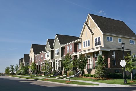 Row of Suburban Townhouses on Summer Day Townhouse Decorating, Bold Paint Colors, Residential Cleaning, Condo Living, Row House, Level Homes, First Time Home Buyers, Real Estate Buying, Kazan