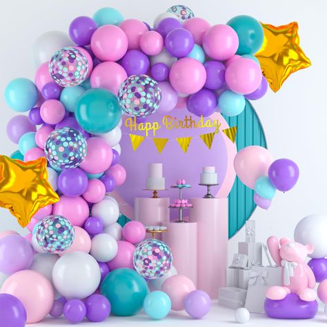 PRICES MAY VARY. 🦄BALLOON GARLAND KIT :Including gold foil star balloons(2Pcs), 12''multicolored confetti balloons(5Pcs), 12"dark purple/aqua blue/pink balloons(15Pcs), 10''pastel purple/pastel pink/mint blue balloons(30Pcs), 5''light purple/baby pink/white/mint blue balloons(40Pcs), 5''gold confetti balloons(5Pcs), 1pcs gold happy birthday banner, 1pcs gold triangle banner, 1pcs silver ribbon, 1pcs tying tool, 100pcs glue points and 1pcs arch strip, meet all your unicorn party supplies ideas.? Pink And Purple Birthday Decorations, Teal Balloon Arch, Unicorn Balloon Arch, Pink And Purple Birthday, Purple Birthday Decorations, Teal Balloons, Confetti Balloons Birthday, Star Balloons, Triangle Banner