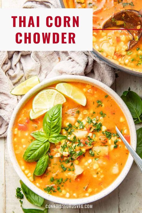 Coconut Red Curry, Peppers And Potatoes, Curry Base, Corn Chowder Soup, Vegan Corn Chowder, Gourmet Soup, Potato Corn Chowder, Corn Chowder Recipe, Chowder Soup