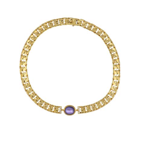 BVLGARI. A vintage Bvlgari link chain choker necklace in 18K yellow gold with a cabochon purple sapphire and accented by baguette diamonds. Circa 1990 #Bvlgari #BvlgariFancyColoredSapphire Bvlgari Choker, Vintage Bvlgari, Fancy Sapphire, Bvlgari Jewelry, Red Sapphire, Purple Bracelet, Purple Sapphire, Baguette Diamonds, Future Ideas