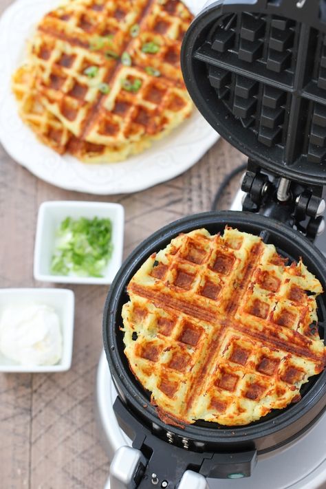 Potato Waffles - Olga's Flavor Factory Waffle Iron Potatoes, Potato Waffle Recipe, Savory Waffle Recipe, Crispy Potato Pancakes, Waffle Iron Recipes, Potato Waffles, Waffle Maker Recipes, Savory Waffles, Belgian Waffle Maker