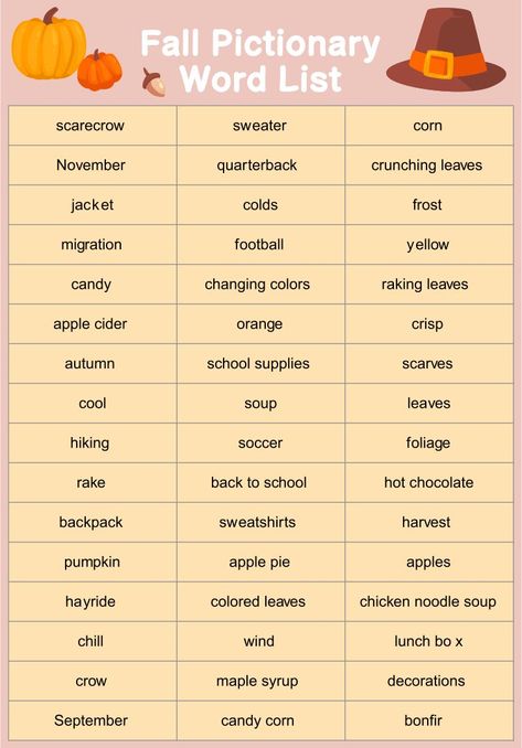 Fall Pictionary Word List Thanksgiving Pictionary Words, Fall Words List, Fall Pictionary Words, Thanksgiving Words List, Halloween Pictionary For Kids, Halloween Pictionary Word List, Pictionary Words List Printables Funny, Thanksgiving Pictionary For Adults, Pictionary Words List Printables