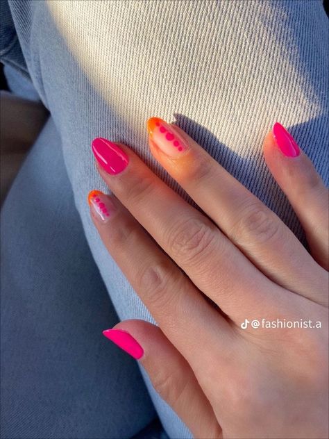 Punk And Orange Nails, Orange And Pink Tip Nails, Orange N Pink Nails, Pink And Orange Acrylic Nails Designs, Pink Nails With Orange Flowers, Spring Nails Orange And Pink, Pink And Orange French Tip Nails Almond, Short Orange And Pink Nails, Neon Simple Nails