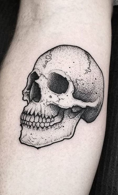 145 Very Dark & Creative Blackwork Tattoos - Tattoo Me Now Small Skull Tattoo, Black Skull Tattoo, Skull Hand Tattoo, Tattoo Shading, Bicep Tattoo, Small Skull, B Tattoo, Skull Tattoo Design, Dot Work Tattoo