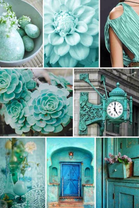 Great collaboration. Color Cian, Colour Psychology, Turquoise Colour, Mood Colors, Color Collage, Beautiful Collage, Shades Of Teal, Shades Of Turquoise, Aqua Turquoise