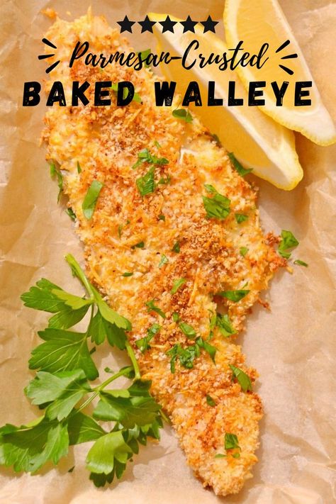 Baked walleye on parchment paper with lemon wedges and cilatro on the side. Oven Baked Walleye, Pickerel Recipes, Parmesan Crusted Fish, Fresh Fish Recipes, Walleye Recipes, Walleye Fish Recipes, Fish Recipes Baked, Fish Dinner Recipes, Fried Fish Recipes