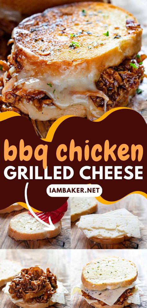 These BBQ Chicken Grilled Cheese Sandwiches are the perfect addition to your weeknight dinner ideas! Garlicky buttered bread paired with the savory flavors of BBQ chicken and cheese. Pin this chicken recipe for dinner! Bbq Chicken Grilled Cheese Sandwich, Chicken Bbq Sandwich, Bbq Chicken Grilled Cheese, Bbq Chicken Panini, Chicken Grilled Cheese, Sourdough Sandwich Ideas, Barbecue Ranch Chicken, Sandwich Recipes Dinner, Sweet Bbq Chicken