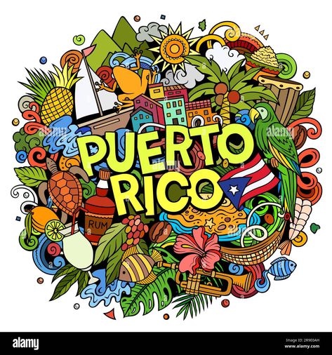 Puerto Rico cartoon doodle illustration. Funny Puerto-Rican design. Creative vector background with Caribbean country elements and objects. Black And Blue Burger, New Year Doodle, Justin Taylor, Rune Viking, Festive Background, South America Map, Background Cartoon, Tastefully Simple, America Latina