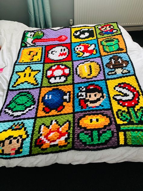 Themed Crochet Blankets, Anime Crochet Blanket, Crochet Anime Blanket Pattern, Nerdy Crochet Blanket, Pokemon Granny Square Blanket, Mario Pixel Crochet Blanket, Nintendo Crochet, Unique Crochet Blanket, Crochet C2c Pattern