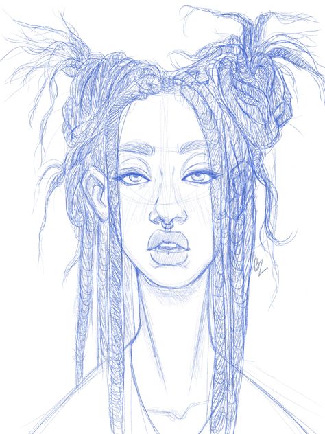 Hair In Hoodie Drawing, Dread Drawings Reference, How To Draw Locs Step By Step, How To Draw Locs Hair Art, Dreadlock Drawing Reference, Black Women Hair Drawing, Dreadlock Hairstyles Art Reference, Locs Sketch, Drawing Locs