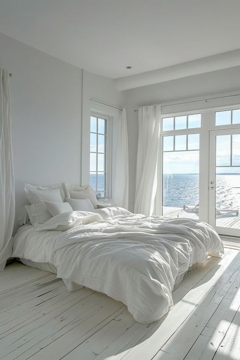 airy bedroom, bedroom furniture, modern bedroom, open concept, essential decor, modern decor, airy decor, airy bedroom vibes, bedroom ideas, bedroom decor, bedding, canopy, floating shevles, plush area rug, bedroom retreat, airy bedroom retreat, airy furniture, minimalist furniture Peaceful Bedroom Decor, White And Silver Bedroom, Silver Bedroom Decor, Spa Bedroom, White Bedrooms, Apartment Lighting, Metallic Decor, Next Bedroom, Airy Bedroom