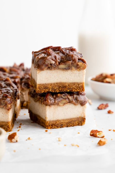 Pecan Pie Cheesecake Bars, Easy Holiday Dessert, Cashew Cheesecake, Vegan Pecan Pie, Delicious Holiday Desserts, Favorite Holiday Desserts, Vegan Pecan, Layered Dessert, Pecan Topping