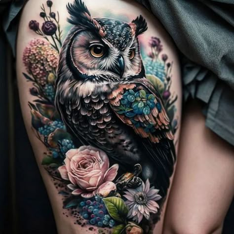 Owl Tattoo With Color, Owl Half Sleeve Tattoo, Watercolor Bear Tattoo, Owl Wing Tattoo, Owl Tattoo For Women Unique, Owl Tattoo For Women, Bae Tattoo, Aggrogoth Tattoo, Snowman Tattoo