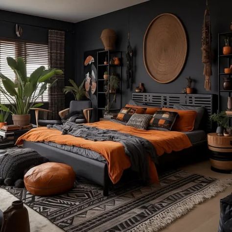 Black And Cedar Bedroom, Dark Grey And Burnt Orange Bedroom, Dark Green Bedroom Ceiling, Black And Maroon Bedroom, Moody Orange Bedroom, Primary Bedroom Ideas Moody, Black And Terracotta Bedroom, Orange And Black Bedroom, Black And Orange Bedroom