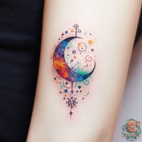 Rainbow Moon Tattoo, Moon Shadow Tattoo, Moon Tattoo Colorful, Color Moon Tattoo, Watercolor Moon Tattoo, Treasure Tattoo, Small Daisy Tattoo, Watercolor Heart Tattoos, Moon And Stars Tattoo