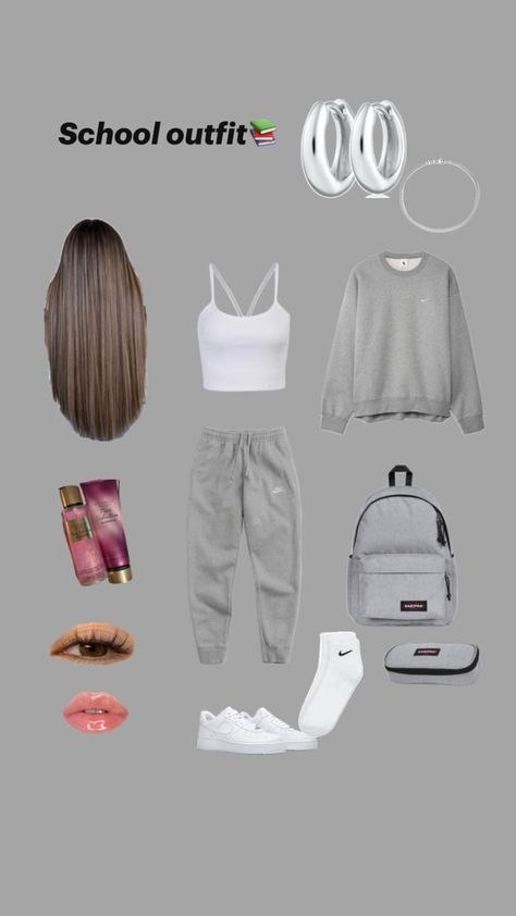 gray and white outfit for school Grey Back To School Outfits, How To Style Gray Sweatpants For School, Gray Backpack For Students, Gray Backpack For Back To School, Gray Bags For Back To School, Picture Day Outfits, Picture Day, Gray Aesthetic, Grey Outfit