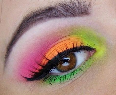 brown-eye-seen-in-extreme-close-up-and-decorated-with-eyeshadow-in-four-neon-hues-pink-orange-yellow-green-black-mascara-and-eyeliner Makeup Verde, Extreme Make-up, Carnaval Make-up, Neon Eyeshadow, Festival Makeup Glitter, Neon Makeup, Eyeshadow For Brown Eyes, Bright Makeup, Hooded Eye Makeup