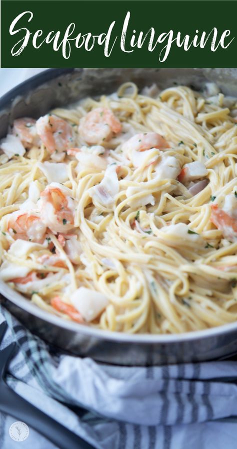 Linguine pasta tossed with fresh shrimp, sea scallops and lump crab meat in a creamy white wine alfredo sauce. Seafood Alfredo Recipe Crab And Shrimp, Creamy Seafood Pasta Recipes, Scallops Alfredo Pasta, White Seafood Sauce, Shrimp And Scallop Alfredo, Shrimp And Crab Pasta Recipes, Seafood Spaghetti Recipe, White Wine Alfredo Sauce, Scallops Alfredo