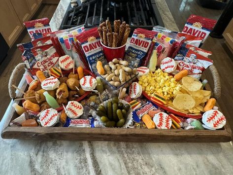 Charcuterie Boards, Grazing Trays, Snack Platters, Meat, Cheese, and Beyond | Sweet & Savory with a baseball theme. | Facebook Theme Charcuterie Board, Baseball Snacks, Snack Platters, Snack Platter, Charcuterie Inspiration, Snack Board, Baseball Theme, Concession Stand, Charcuterie Boards