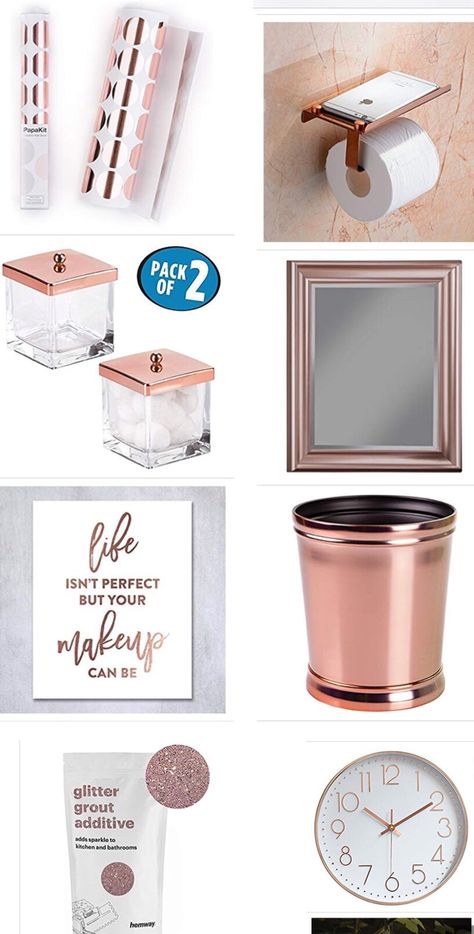 Rose Gold Bathroom Accessories, Pink And Gold Bathroom Decor, Rose Gold Bathroom Decor Ideas, Small Makeup Room, Blush Bathroom, Gold Bathroom Fixtures, Rose Gold Bathroom, Bohemian Kitchen Decor, Black And Grey Bedroom