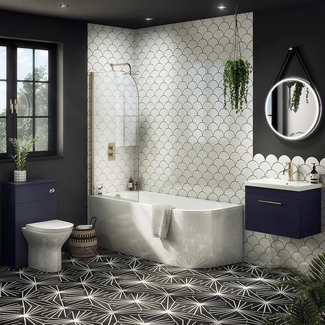 Baths With Showers, Things For Apartment, Brass Screen, En Suite Ideas, Wall Tiles Bathroom, Bathroom 2023, L Shaped Bath, Blue Bathroom Furniture, Bath Screen