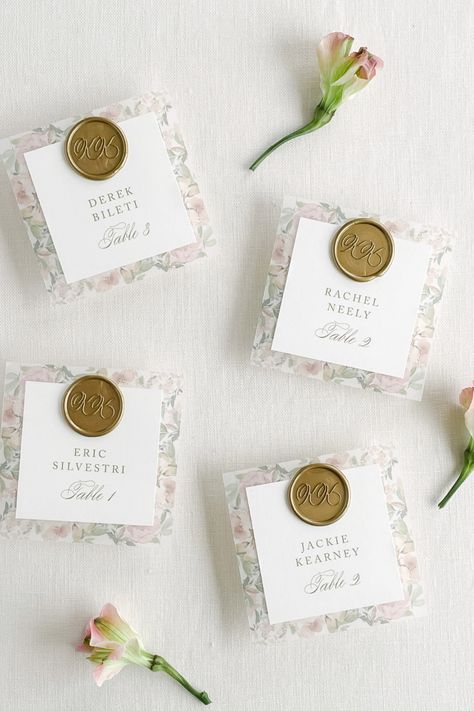 Escort cards with gold wax seal and printed floral vellum. Floral Vellum, Gold Wax Seal, Foil Wedding Invitations, Wedding Vision, Letterpress Wedding, Letterpress Wedding Invitations, Stamp Printing, Tent Cards, Wedding Signage