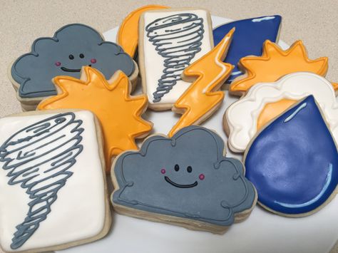 Storm Cookies Tornado Cookies Decorated, Twonado Cookies, Four Nado Birthday Party Boy, Storm Party Theme, Storm Birthday Party, Two Nado Birthday Party Boy, Tornado Cookies, Weather Themed Birthday Party, Twonado Birthday Party Decor