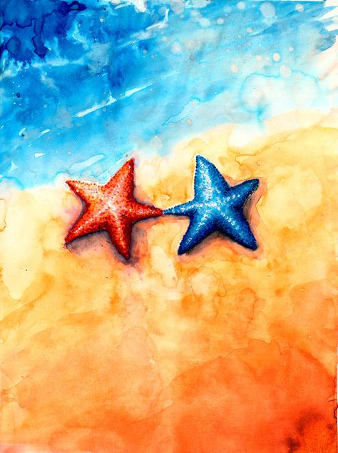 Starfish Painting, Wedding Invitation Watercolor, Ocean Drawing, Abstract Art Projects, Sea Drawing, Fall Canvas Painting, Nautical Crafts, Sea Life Art, Star Illustration