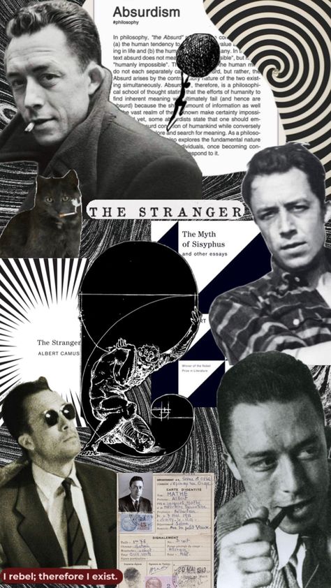 #camus #albertcamus #philosophy #sisyphus Absurdism Wallpaper, Albert Camus Aesthetic Wallpaper, Kafkaesque Aesthetic, Philosophy Collage, Albert Camus Wallpaper, Absurdism Aesthetic, Sisyphus Wallpaper, Albert Camus Aesthetic, Camus Aesthetic