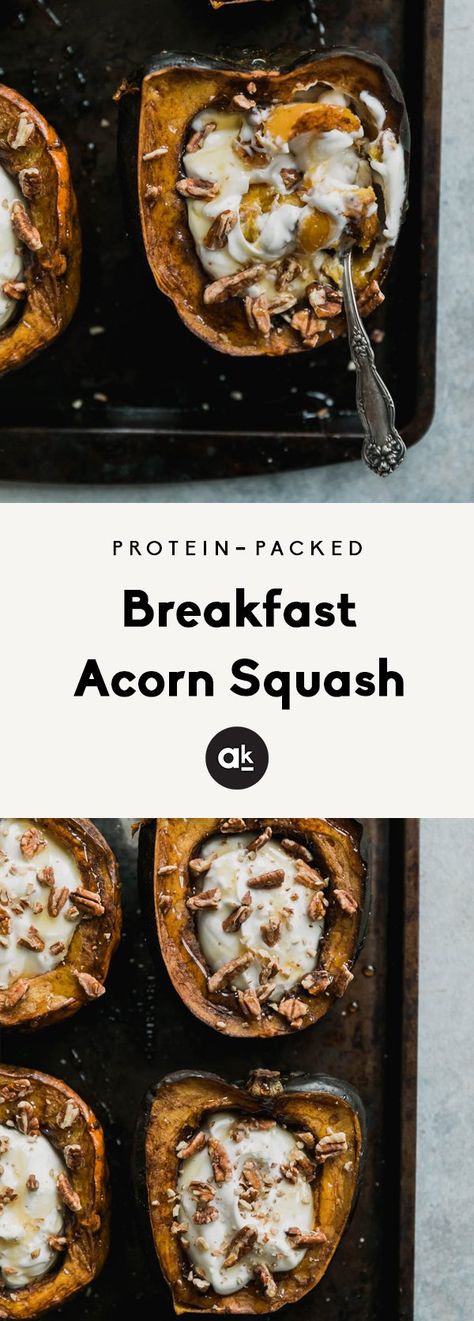 Breakfast acorn squash baked with spices and stuffed with yogurt, pecans and a drizzle of honey. A delicious, protein-packed meal to start your morning! #squashrecipe #healthybreakfast #breakfastideas #yogurtrecipe #glutenfreerecipe #grainfreerecipe Acorn Squash Baked, Squash Acorn, Packed Breakfast, Acorn Squash Recipes, Baked Squash, Ambitious Kitchen, Protein Packed Breakfast, Bon Appetite, Acorn Squash