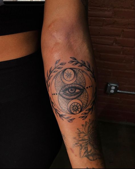 Eye Spiritual Tattoo, Evil Eye Tattoo For Women Arm, 3rd Eye Tattoo Women, Goddess Tattoo Sleeve, Feminine Evil Eye Tattoo, Eye Tattoo Ideas Women, Spiritual Tattoos Black Women Arm, Intuition Tattoo Third Eye, Realistic Eye Tattoo