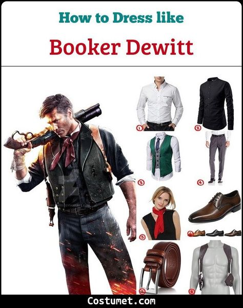 Booker DeWitt (BioShock Infinite) Costume for Cosplay & Halloween 2021 Bioshock Infinite Booker, Bioshock Columbia, Booker Dewitt, Bioshock Cosplay, Bioshock Infinite, Chinese Collar, Concept Clothing, Green Vest, Red Scarf