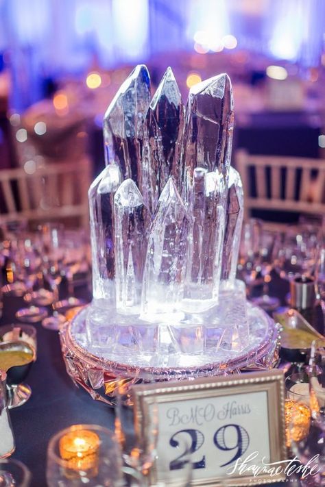 Icicle Ice Sculpture Centerpieces – captured and shared by Shaunae Teske Photography Ice Sculpture Centerpiece, Ice Themed Wedding, Ice Theme Party, Ice Party Theme, Ice Castle Wedding, Winter Branding, Winter Wedding Reception, Frozen Wedding, Ice Party