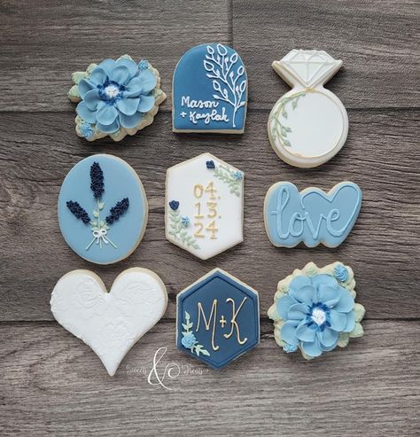 Blue And White Bridal Shower Cookies, White Bridal Shower Cookies, Couples Shower Cookies, Blue Bridal Shower Favors, Something Blue Bridal, White Bridal Shower, Bridal Shower Cookies, Blue Bridal Shower, 40th Wedding Anniversary