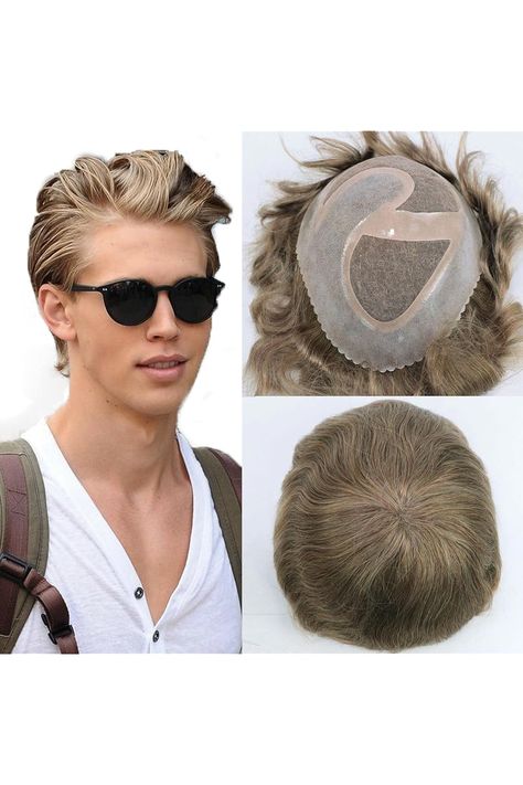 HAPPYCC Human Hair Men Toupee Wigs Mono Lace With Clear Poly Around Hair Piece For Men Systems Size 10x8 Inch 6 Inch Length Blonde Color #18 Hair Pieces For Men, Mens Wigs, Hair Replacement, Hairstyles Ideas, Blonde Color, Hair Piece, Hair Wigs, Human Hair Wigs, Wig Hairstyles