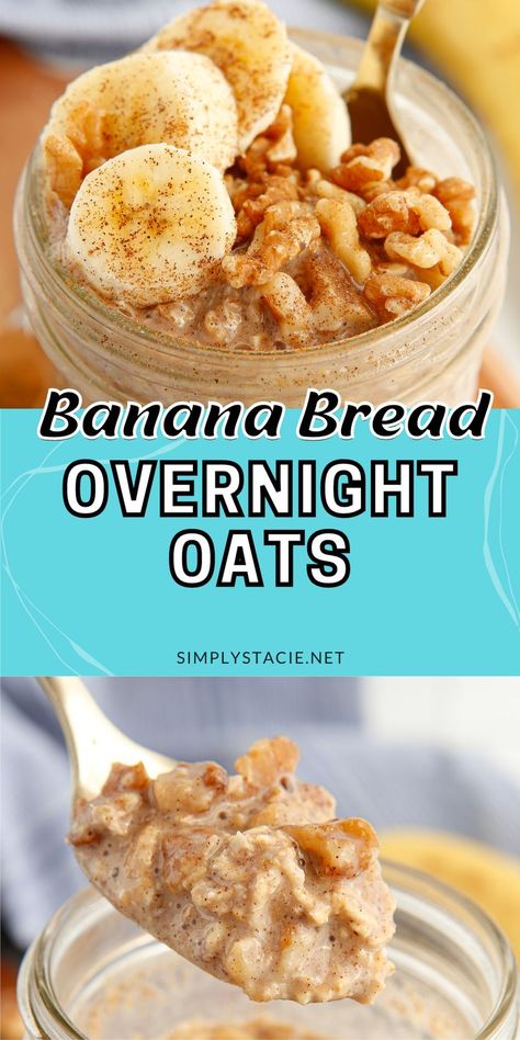 Two image collage of banana bread overnight oats. First image is the oats in a jar. Second image is the oats on a spoon. Banana Bread Overnight Oats, Overnight Oats Recipe Easy, Best Overnight Oats Recipe, Overnight Oatmeal Recipes, Oat Recipes Healthy, Overnight Oats Recipe Healthy, Overnight Oats Healthy, Overnight Oatmeal, Oats Recipe