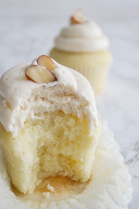 Almond Cupcakes -- Moist almond cupcakes with marzipan frosting. | thegirlkyle.com Marzipan Frosting, Wedding Cake Recipes, Italian Sayings, Italian Cannoli, Almond Cupcakes, Sicilian Food, Homemade Breads, Traditional Wedding Cake, Wedding Cake Recipe