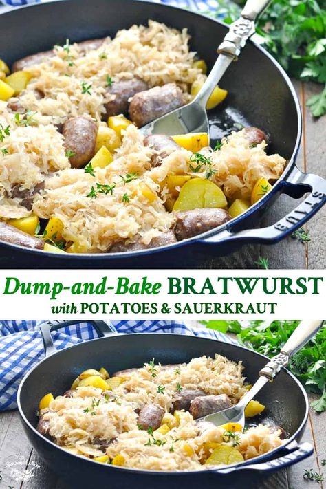 Potatoes And Sauerkraut, Baked Bratwurst, Bratwurst Recipe, Recipe With Potatoes, Easy Sausage Recipes, Brats Recipes, Slow Cooker Applesauce, Slow Cooker Green Beans, Bratwurst Recipes