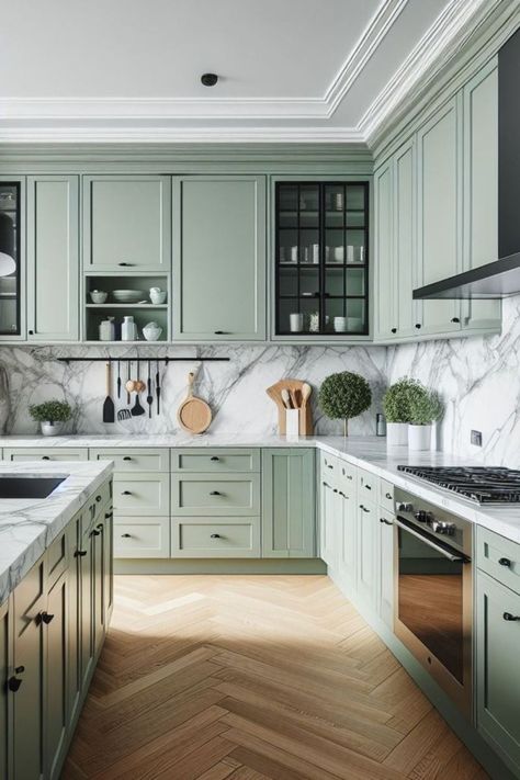 green kitchen cabinets black countertop green kitchen cabinets butcher block green kitchen cabinets white countertops green kitchen cabinets farmhouse green kitchen cabinets modern green kitchen cabinets paint colors green kitchen cabinets black hardware green kitchen cabinets sherwin williams green kitchen cabinets with gold handles green kitchen cabinets and backsplash green kitchen cabinets and walls green kitchen cabinets aesthetic green kitchen cabinets apartment Kitchen With Colourful Tiles, Green Kitchen Cabinets Black Hardware, Sage Green House Interior, Green Kitchen Cabinets Paint Colors, Green Kitchen Cabinets Black Countertop, Kitchen Cabinet Colour Ideas, Green Kitchen Cabinets Modern, Kitchen Herringbone Floor, Kitchen Cabinets Paint Colors